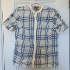 Tory Burch White and Blue Stitched Button-Front Top